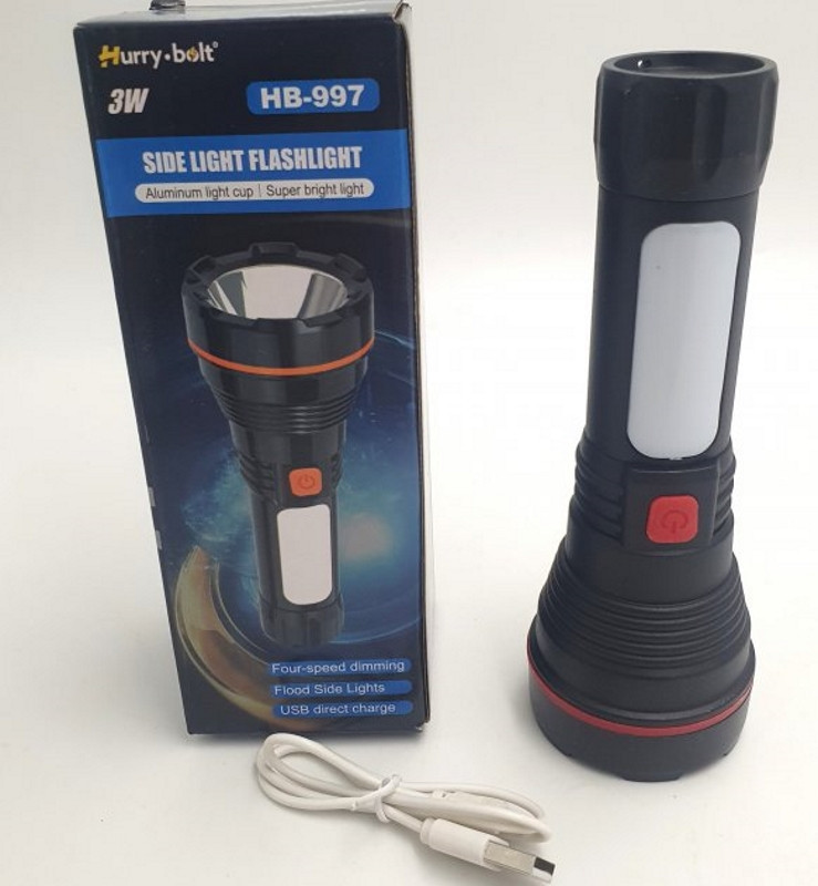 Фонарь ручной Hurry Bolt HB-997 с боковой лампой, мощный светодиодный фонарик с аккумулятором, зарядка от USB