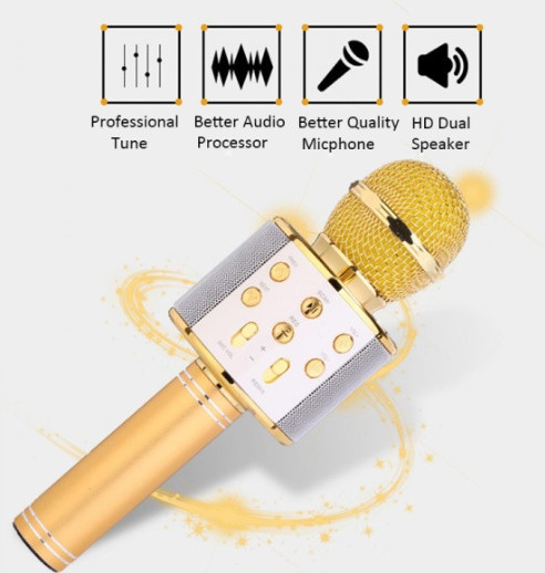 Беспроводной микрофон караоке bluetooth WS 858 Karaoke Gold 23см 1800mah регулировка громкости четкое звучание в коробке